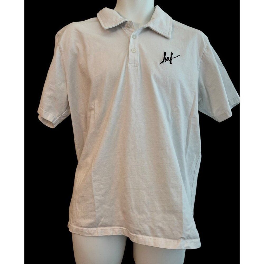 HUF Mens Large Solid White Polo Shirt Black Huf Embroidered Logo